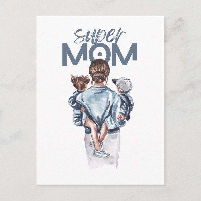 Personalized Super Mom with Son and Daughter Gift Postcard (Front)