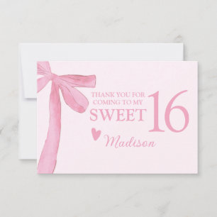 Personalized Sweet 16 Birthday Coquette Pink Bow Thank You Card