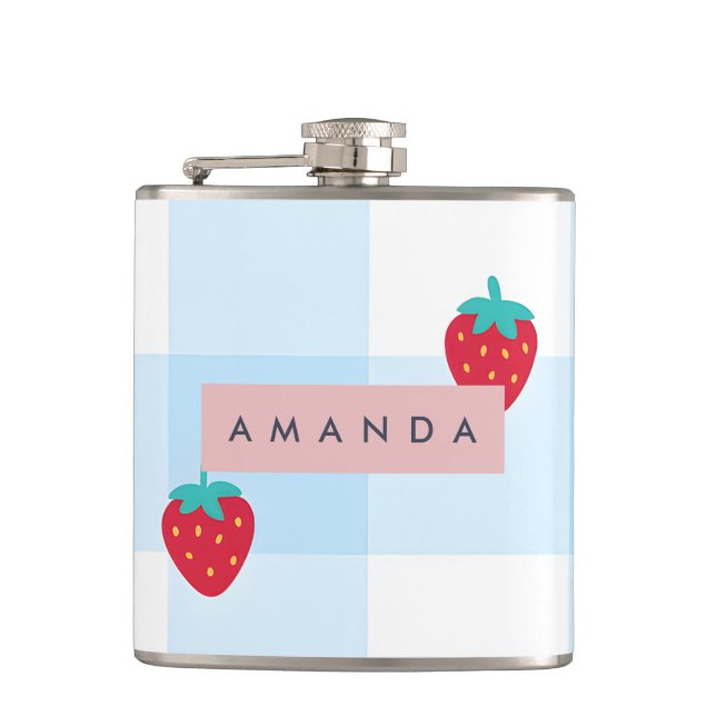 Personalized Sweet Strawberry Gingham Blue Hip Flask (Front)
