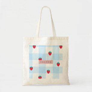 Personalized Sweet Strawberry Gingham Blue Tote Bag