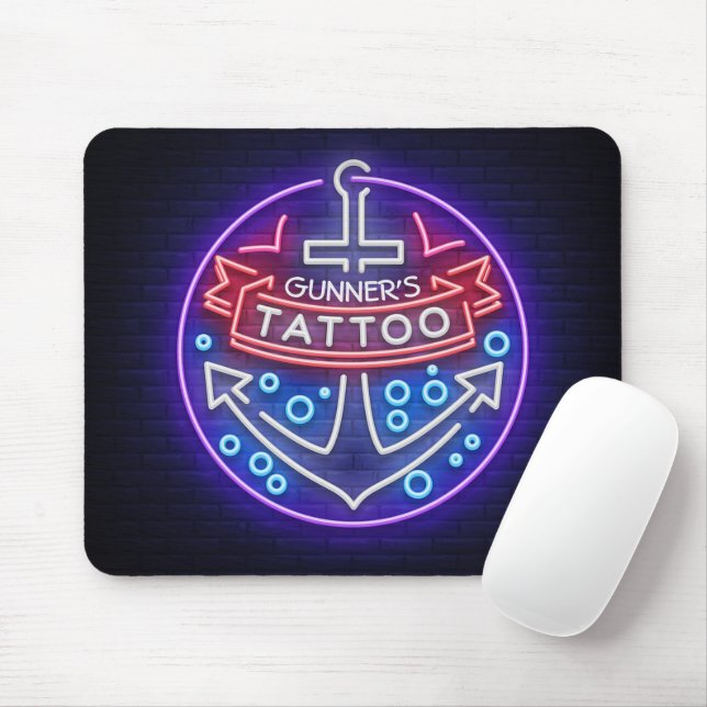 Personalized Tattoo Shop Nautical Neon Sign Style Mouse Mat (With Mouse)
