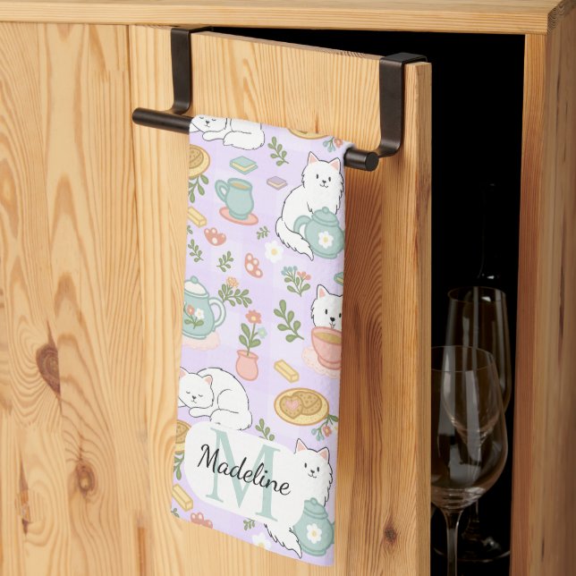 Personalized Tea & Baker Cat Monogram Tea Towel (Thirds Fold)