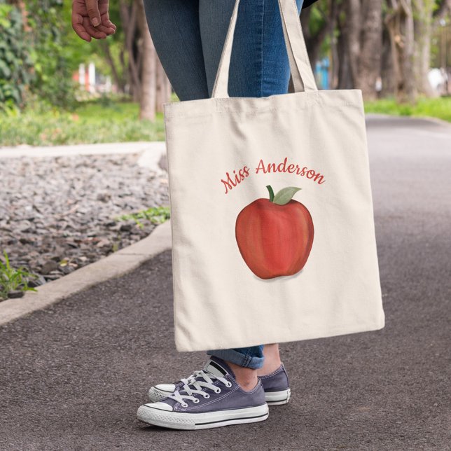 Personalized Teacher Apple Classroom Name Design Tote Bag (Personalized teacher tote bag with red apple illustration and custom teacher name design.)
