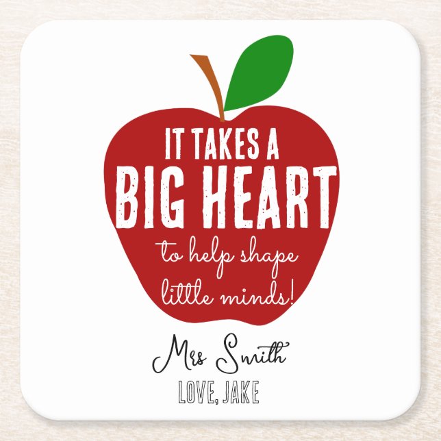 Personalized Teacher Thank You Apple big heart Square Paper Coaster (Front)