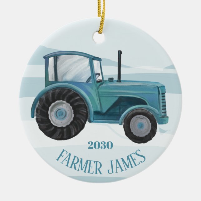 Personalized Teal Blue Tractor Christmas Ornament (Front)