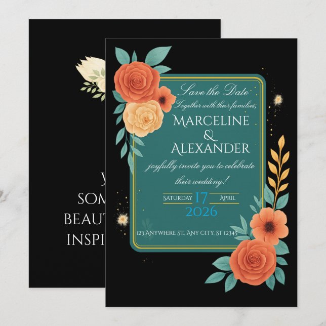 Personalized Teal & Coral Floral Invitation (Front/Back)