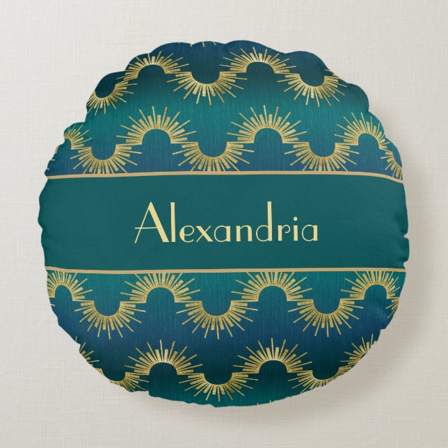 Personalized Teal & Gold Art Deco Sunburst Name Round Cushion (Front)