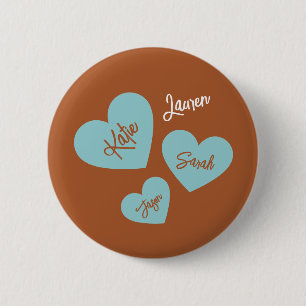 Personalized Teal Hearts With Children's Names 6 Cm Round Badge