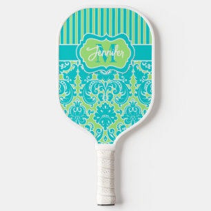 Personalized Teal, Lime Damask, Stripes Monogram Pickleball Paddle