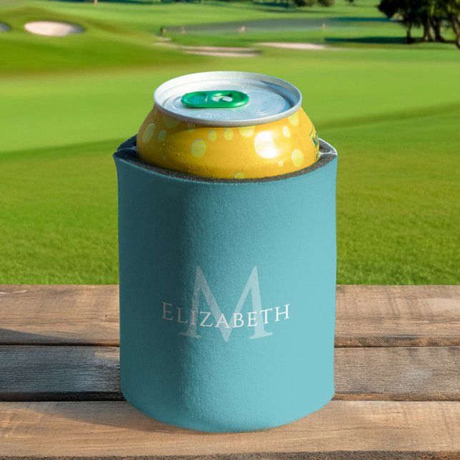 Personalized Teal Monogram Feminine Elegant Can Cooler (Personalized Teal Monogram Feminine Elegant Can Cooler)