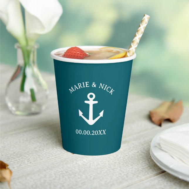 Personalized teal nautical anchor wedding party paper cups (Insitu)