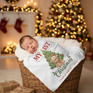 Personalized Teddy Bear Baby My 1st Christmas Fleece Blanket