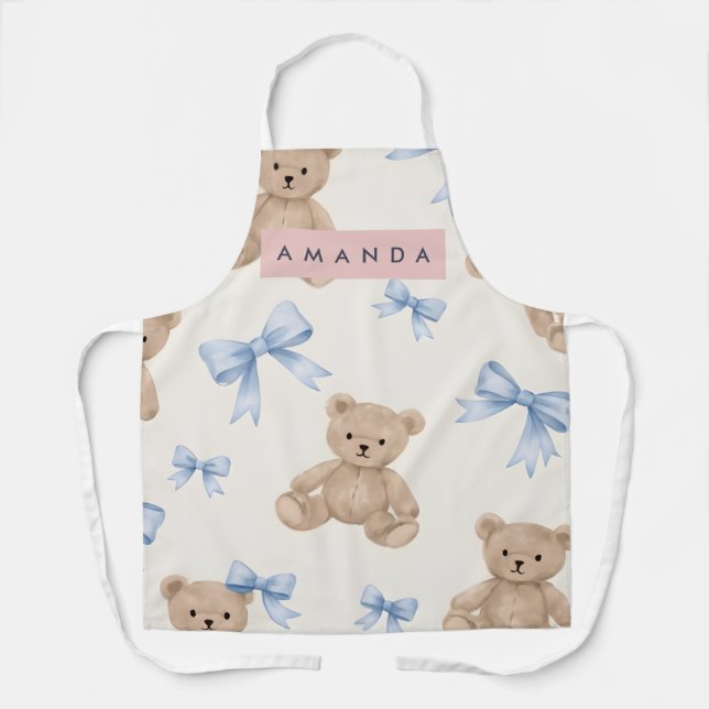 Personalized Teddy Bear & Blue Bow Pattern Apron (Front)