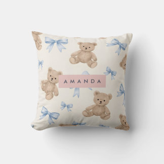 Personalized Teddy Bear & Blue Bow Pattern Cushion