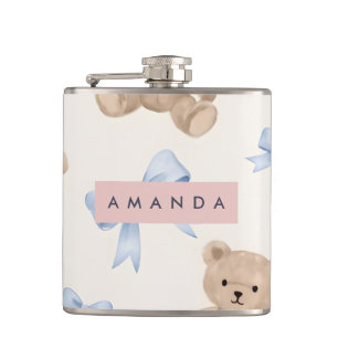 Personalized Teddy Bear & Blue Bow Pattern Hip Flask