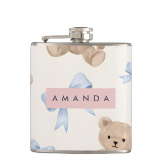 Personalized Teddy Bear & Blue Bow Pattern Hip Flask