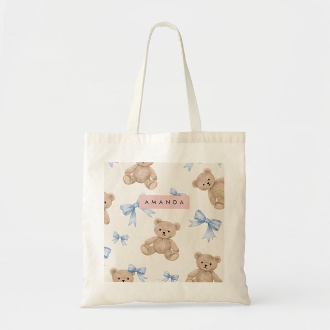 Personalized Teddy Bear & Blue Bow Pattern Tote Bag (Front)