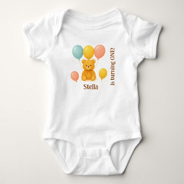 Personalized Teddy Bear First Birthday Baby Bodysuit (Front)