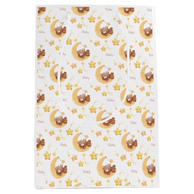 Personalized Teddy Bear Moon Baby Shower Medium Gift Bag (Front)