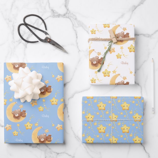 Personalized Teddy Bear Moon Baby Shower Wrapping Paper Sheet (Front)