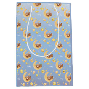 Personalized Teddy Bear Moon Soft Blue Baby Shower Medium Gift Bag