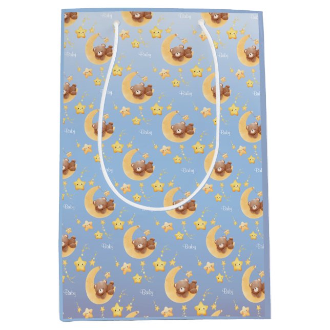 Personalized Teddy Bear Moon Soft Blue Baby Shower Medium Gift Bag (Front)