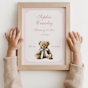 Personalized Teddy Bear Pink Birth Info Poster