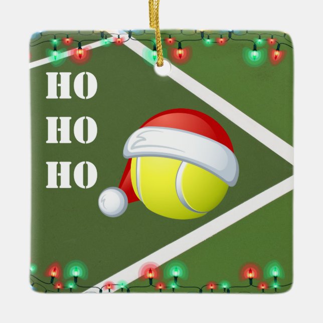 Personalized Tennis Ball Ho Ho Ho Christmas Ceramic Ornament (Front)