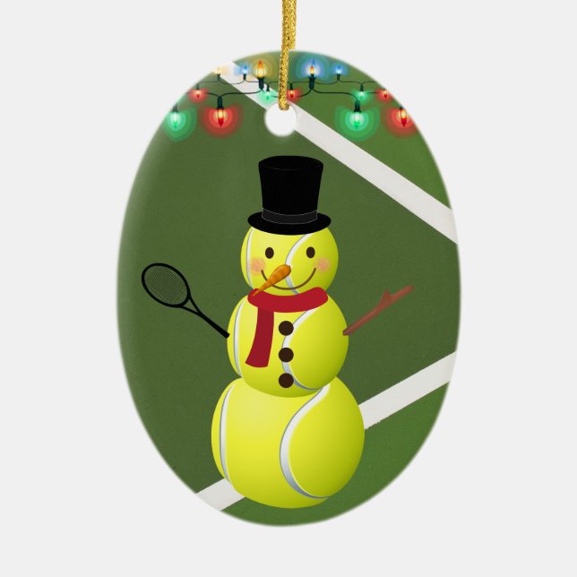 Personalized Tennis Ball Snowman Christmas Ceramic Tree Decoration (Front)