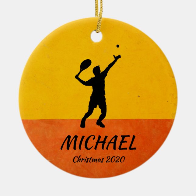 Personalized Tennis Player Coach Serve Yellow Xmas Ceramic Tree Decoration (Front)