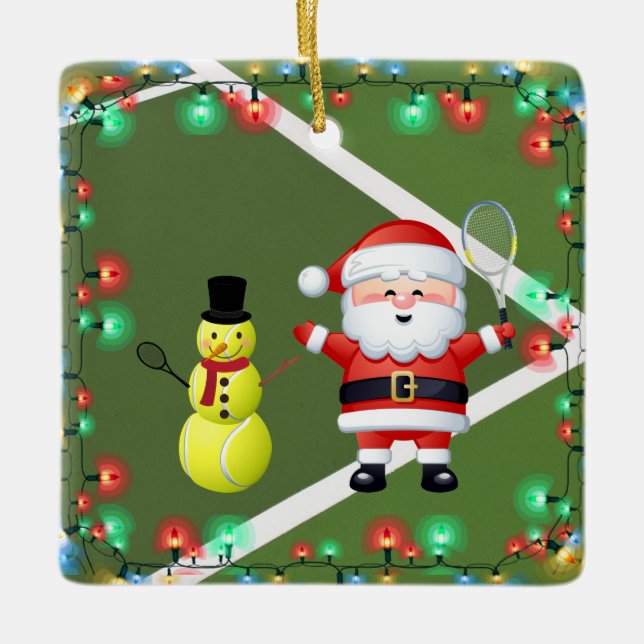 Personalized Tennis Snowman and Santa Claus Ceramic Ornament (Front)