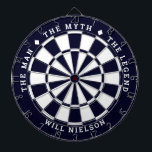 Personalized "The man, the myth, the legend" Name Dartboard<br><div class="desc">Great gift for guys. 2-color dartboard (customizable colors) with the curved text on top: "THE MYTH" "THE MAN" "THE LEGEND" separated by diamond symbols. Curved text on the bottom for the name of the recipient.
If you need help with this design, please email me at help@customandcrafted.com</div>