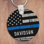 Personalized Thin Blue Line Police Officer Key Ring<br><div class="desc">Personalized Thin Blue Line Keychain - American flag in Police Flag colors, distressed design . Personalize with Officer's name, or department. This personalized police keychain is perfect for police departments, or as a memorial keepsake. COPYRIGHT © 2020 Judy Burrows, Black Dog Art - All Rights Reserved. Personalized Thin Blue Line...</div>