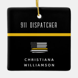 Personalized Thin Gold Line Flag 911 Dispatcher  Ceramic Ornament