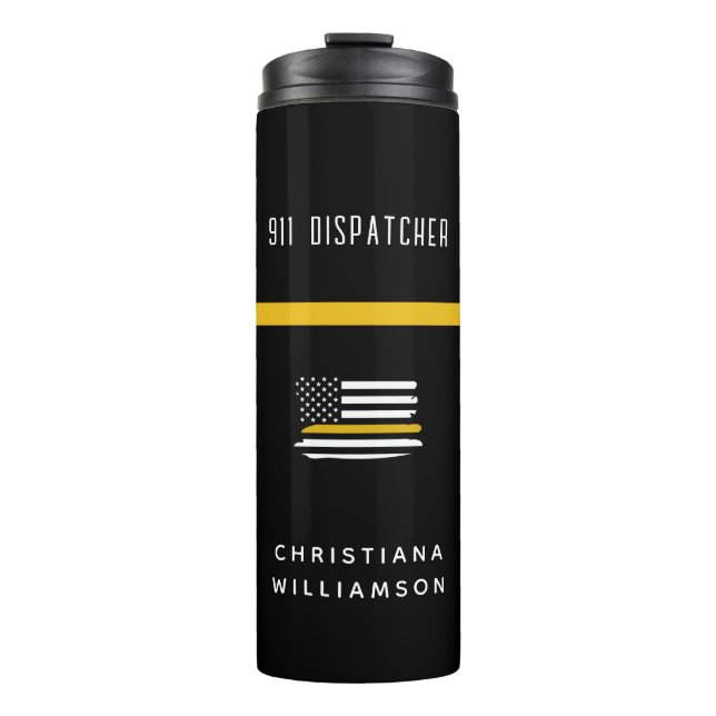 Personalized Thin Gold Line Flag 911 Dispatcher  Thermal Tumbler (Front)