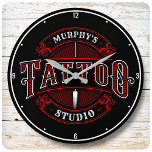 Personalized Traditional Style Tattoo Studio Shop Large Clock<br><div class="desc">Traditional Style ADD NAME Tattoo Studio Shop design - Vintage Look with Red,  White,  Black colors. Customize with Your Name or Custom Text!</div>