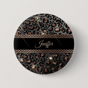 Personalized Trendy Leopard Black Gold Glitter     6 Cm Round Badge