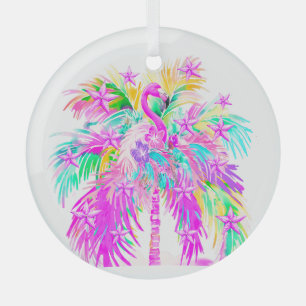 Personalized Tropical Palm Tree Flamngo Christmas Glass Tree Decoration