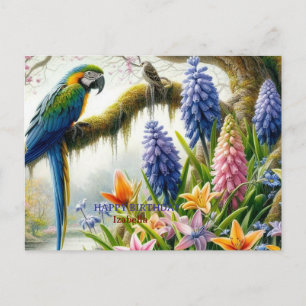 Personalized Tropical Parrot Birthday Card with Fl