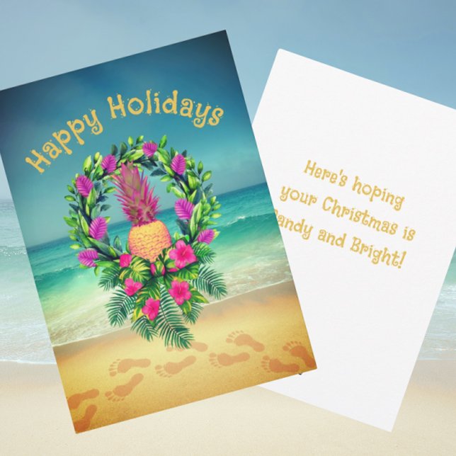 Personalized Tropical Pineapple Wreath Holiday Card (Personalize it!)