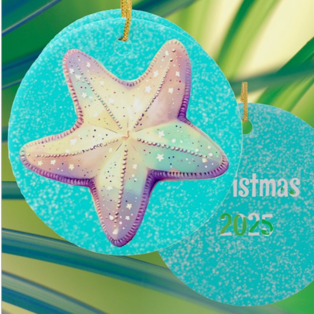 Personalized Tropical Starfish Christmas Holiday  Ceramic Tree Decoration (Personalize the back!)
