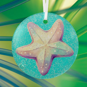 Personalized Tropical Starfish Christmas Holiday  Glass Tree Decoration