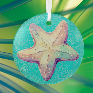 Personalized Tropical Starfish Christmas Holiday  Glass Tree Decoration