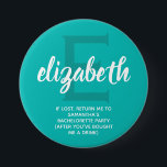 Personalized Turquoise Bachelorette Party 7.5 Cm Round Badge<br><div class="desc">Turquoise and white button personalized with your bridesmaid's name,  over a large initial and any wording you choose on the bottom. Great bachelorette party or girl's weekend favor. MORE colors done for you in our store as well as more gift ideas.</div>