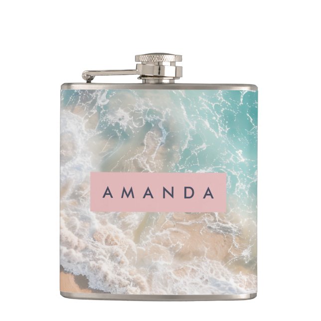 Personalized Turquoise Ocean Wave Beach Hip Flask (Front)