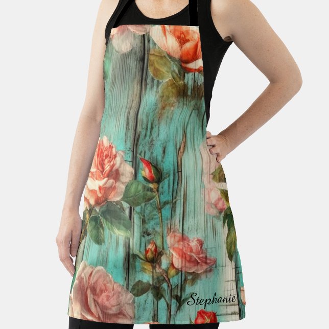 Personalized Turquoise Wood & Vintage Rose Apron (Creator Uploaded)