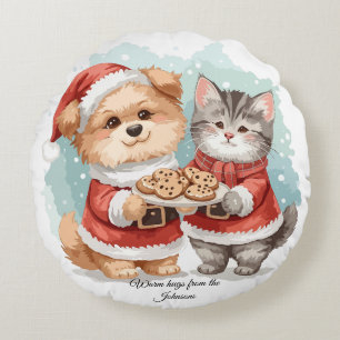 Personalized two-sided christmas besties cat dog round cushion