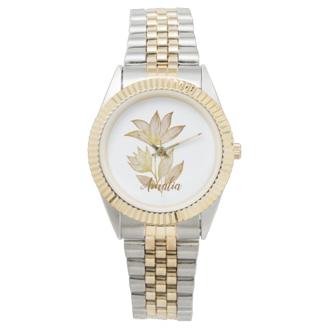 Personalized Two-Tone Golden Floral Watch (Front)