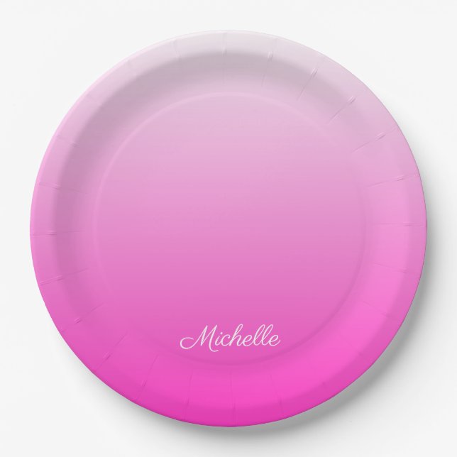 Personalized two-tone gradient ombre hot pink paper plate (Front)