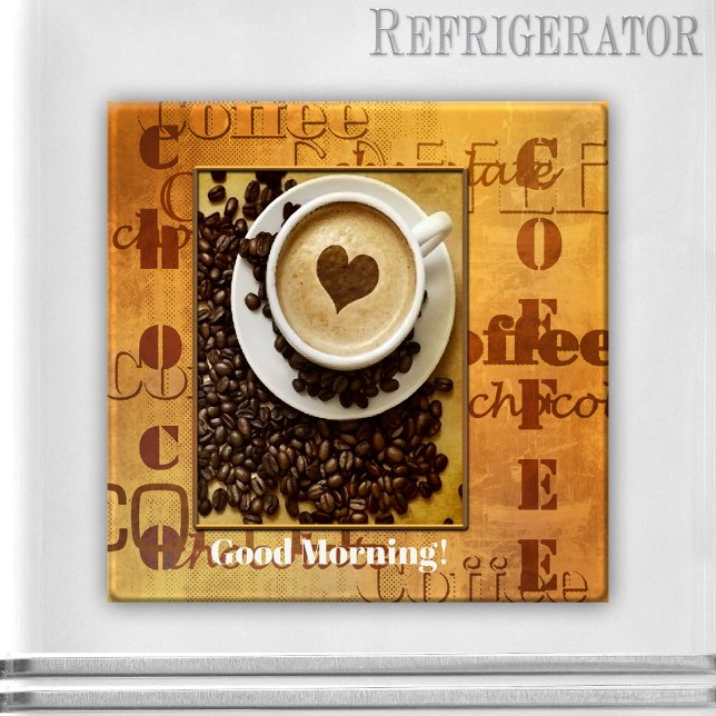 Personalized Typography Coffee Lover Photo Magnet (Photo magnet showing your own favorite picture on a typography retro style design with coffee texts)